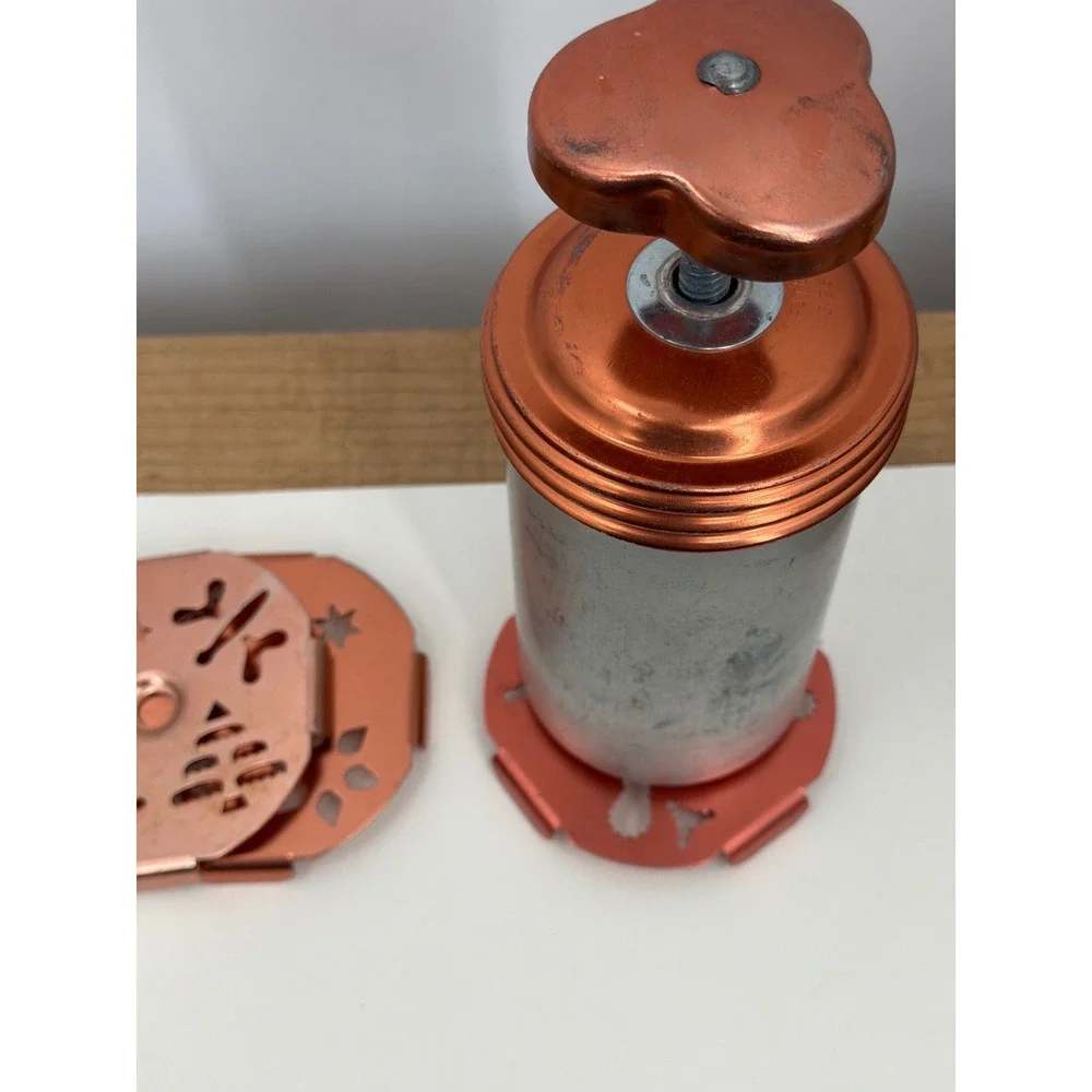Vtg Aluminum Mirro Dial a Cookie Press 3 Copper Discs Manual Spritz Maker